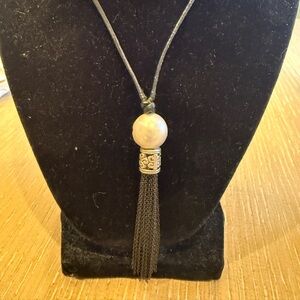 Center pearl with Black and Silver Tassel Necklace